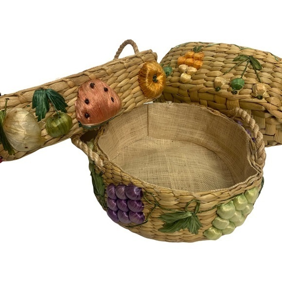 Vintage Set Of 3 Woven RaffiaServing Casserole Dish Baskets Pyrex Boho Dining
